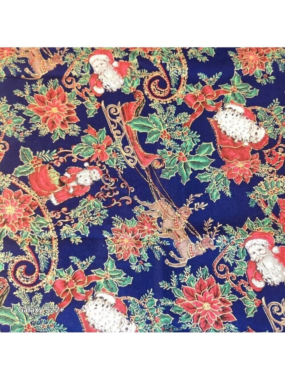 Festive Christmas Cotton Fabric Featuring Santa Deer & Poinsettia 1.5 yards 2003